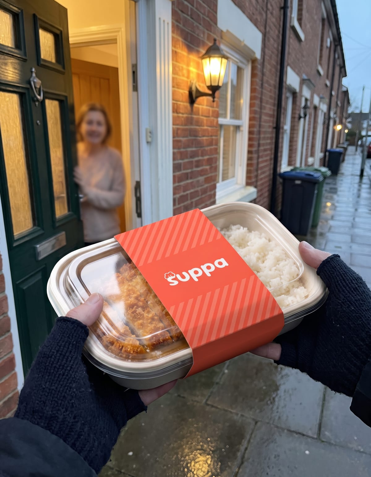 Two sleeved Suppa trays being handed over at a front door in the evening