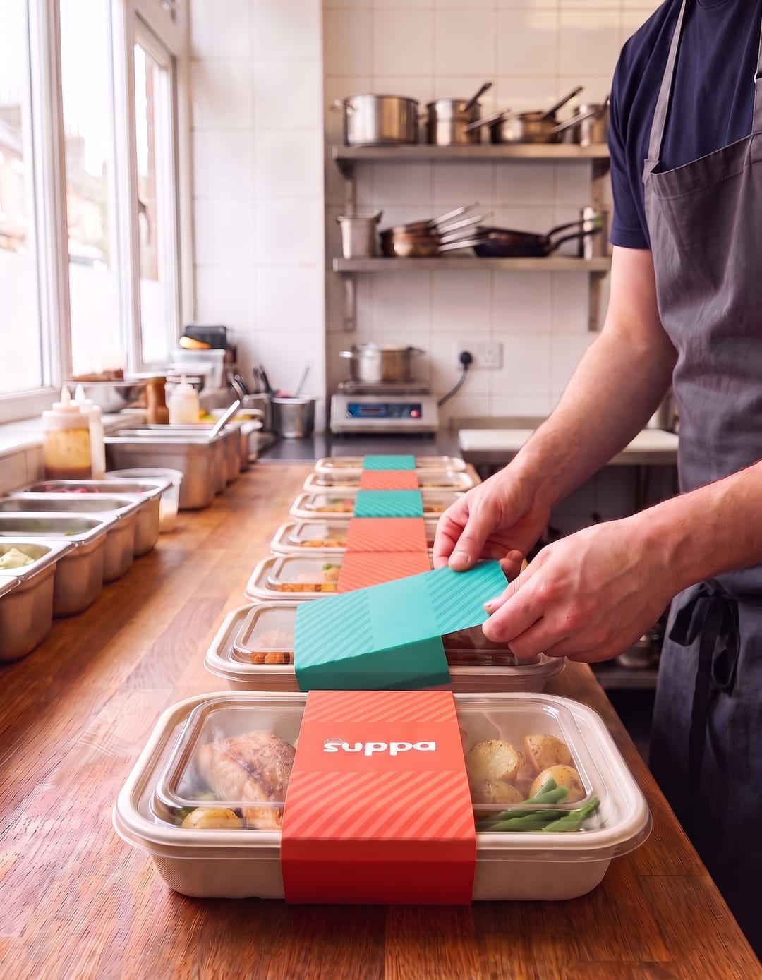 A chef lining up lidded, sleeved Suppa trays on the pass of a Plymouth restaurant kitchen