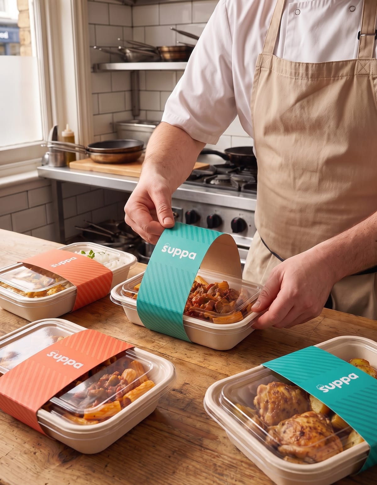 A chef sleeving freshly filled Suppa trays on a restaurant pass
