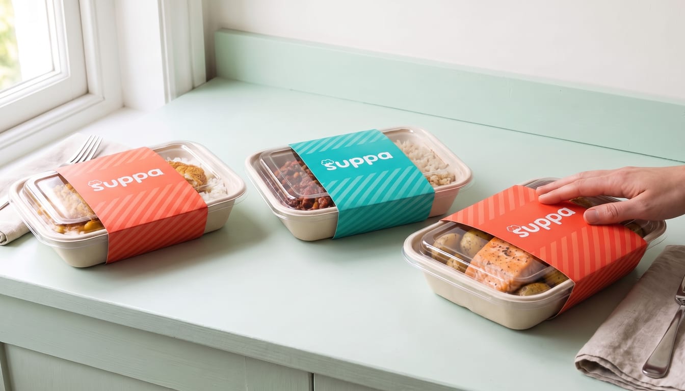 Three sleeved Suppa trays on a mint kitchen counter