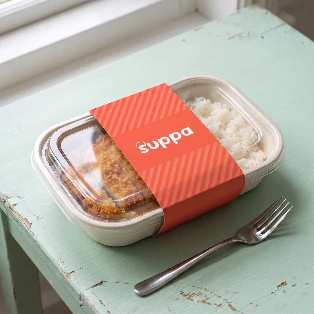 A lidded Suppa tray of chicken katsu and rice in its coral striped sleeve, a fork beside it