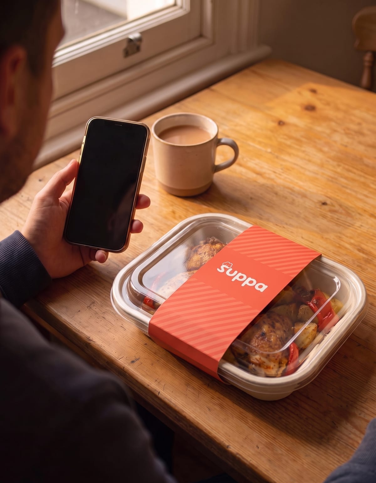 A hand holding a phone beside a sleeved Suppa tray of roast chicken